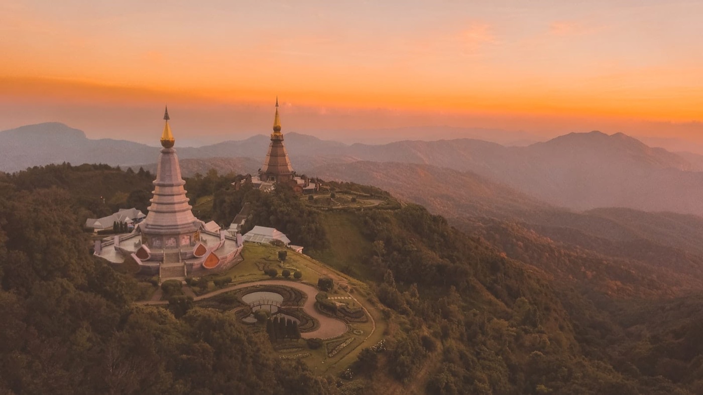 Twin pagodas at Doi Inthanon, Chiang Mai, at sunset