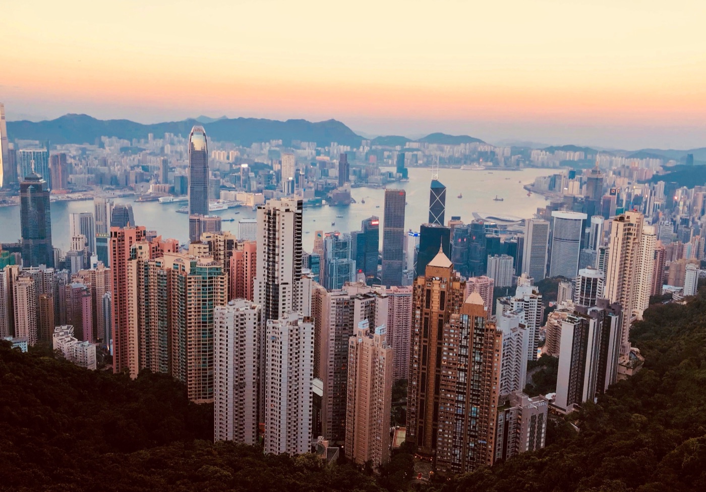 Hong Kong skyline at dusk, viewed from the Peak